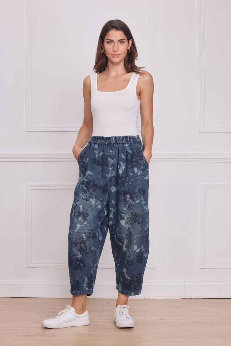 Jean bleu femme imprimé fleurs – 100% coton