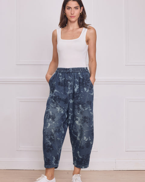 Jean bleu femme imprimé fleurs – 100% coton
