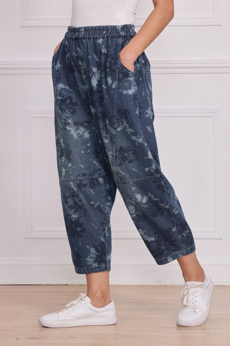 Jean bleu femme imprimé fleurs – 100% coton