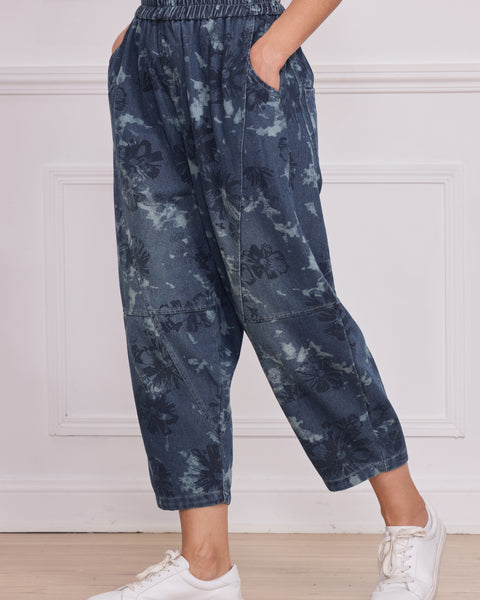 Jean bleu femme imprimé fleurs – 100% coton