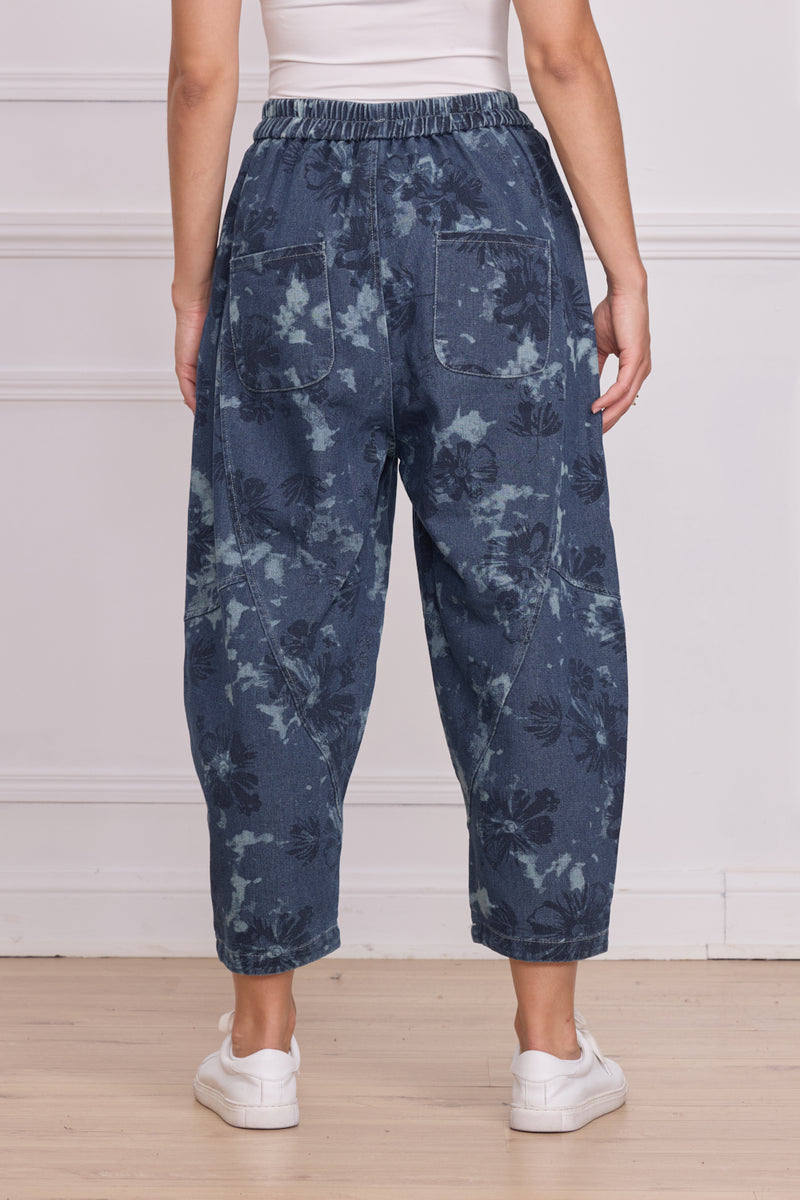 Jean bleu femme imprimé fleurs – 100% coton