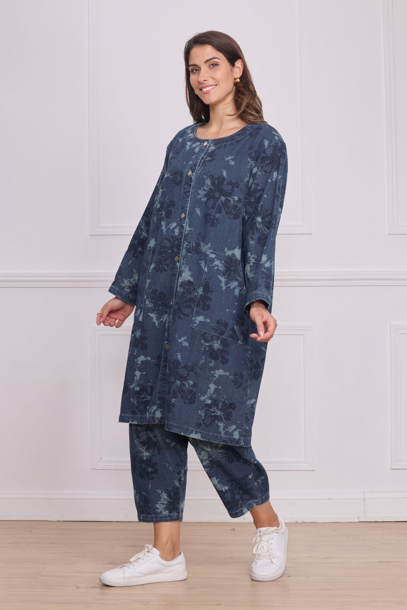 Chemise longue bleue femme imprimé fleurs – 100% coton