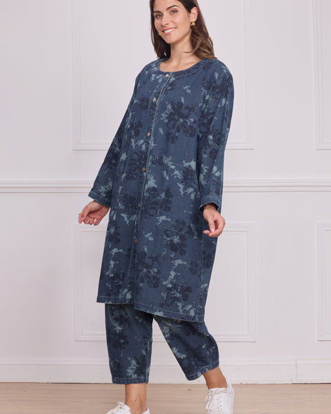 Chemise longue bleue femme imprimé fleurs – 100% coton