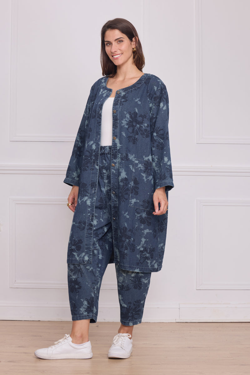 Chemise longue bleue femme imprimé fleurs – 100% coton