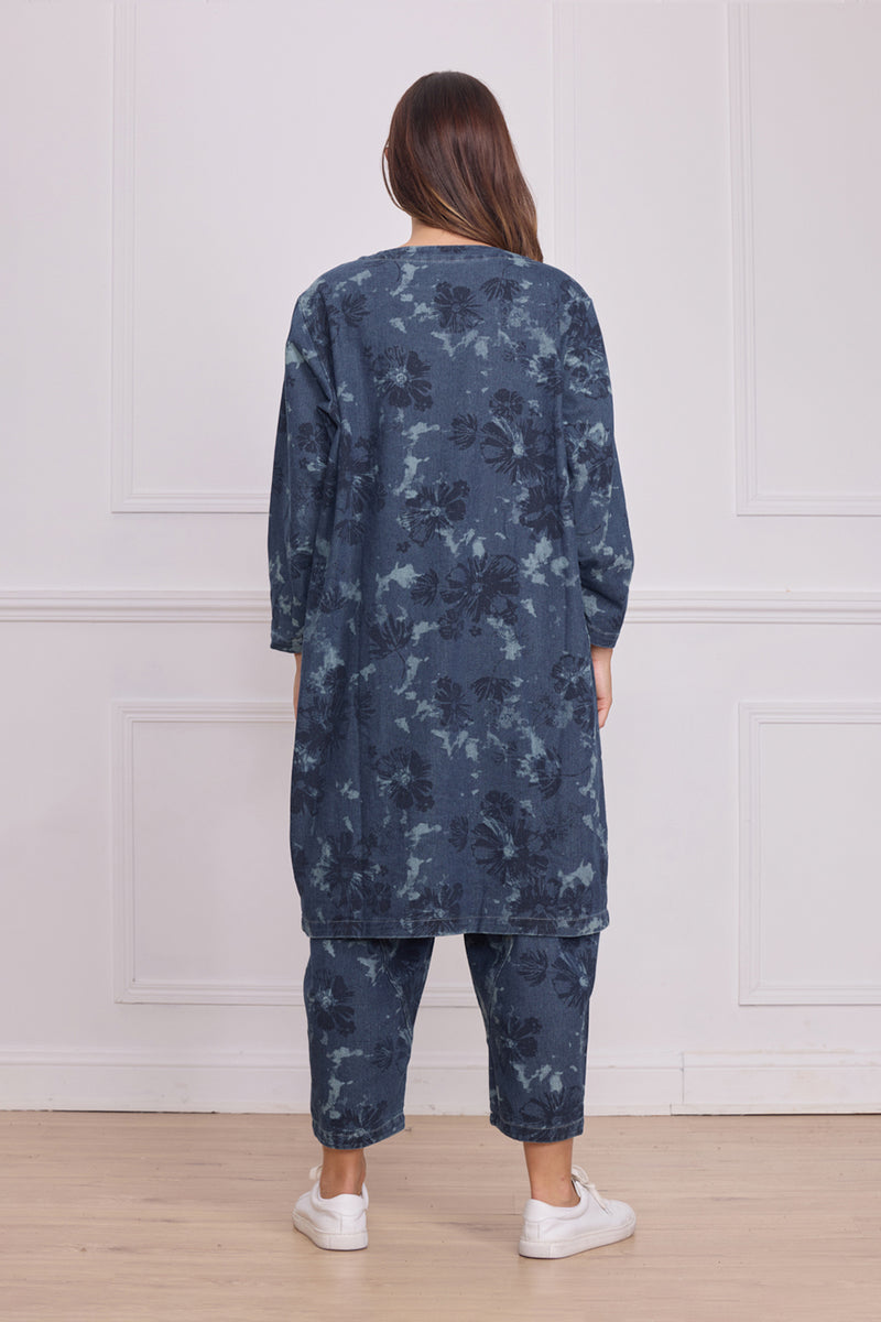 Chemise longue bleue femme imprimé fleurs – 100% coton