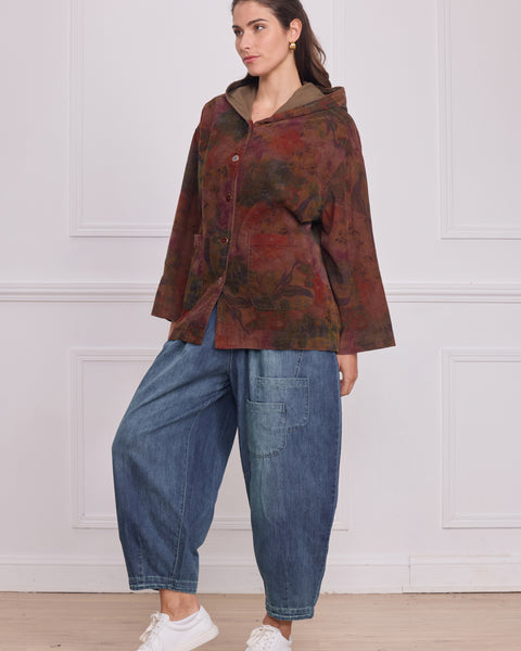 Veste femme à capuche marron à fleurs – 100% coton