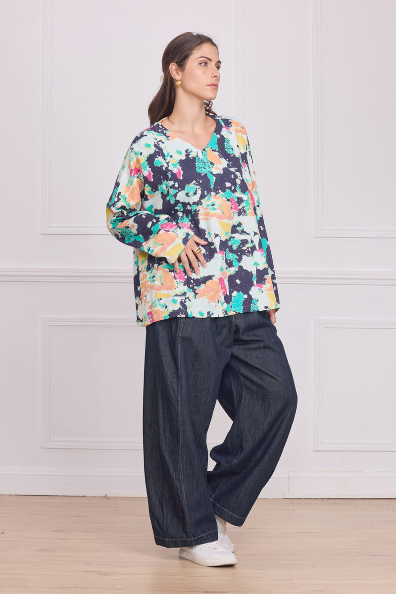 Haut denim manches longues motifs peinture – 100% coton