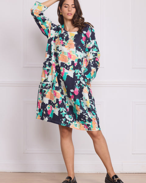 Robe mi-longue denim motifs peinture – 100% coton