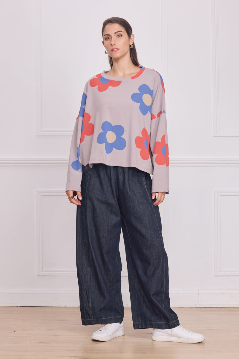 Blouse femme grise à grandes fleurs – 100% coton