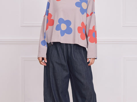 Blouse femme grise à grandes fleurs – 100% coton