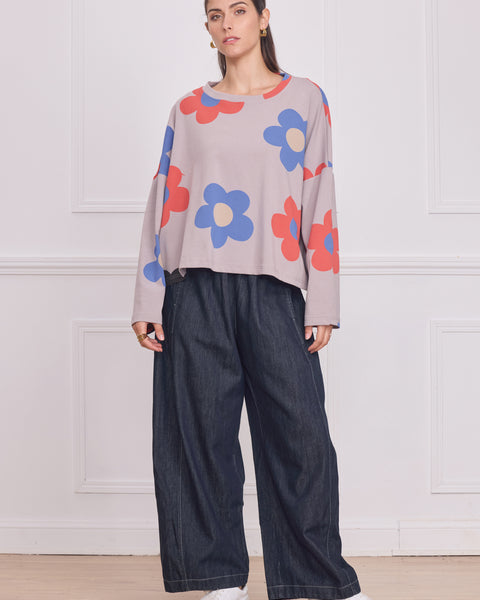 Blouse femme grise à grandes fleurs – 100% coton