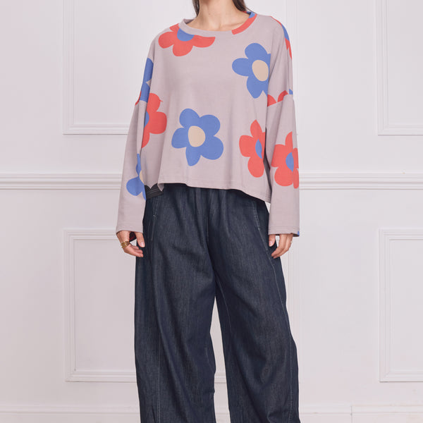 Blouse femme grise à grandes fleurs – 100% coton