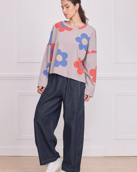 Blouse femme grise à grandes fleurs – 100% coton