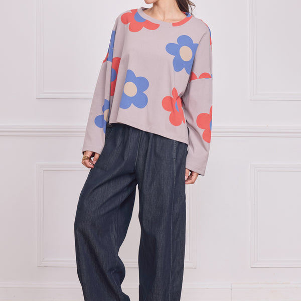 Blouse femme grise à grandes fleurs – 100% coton