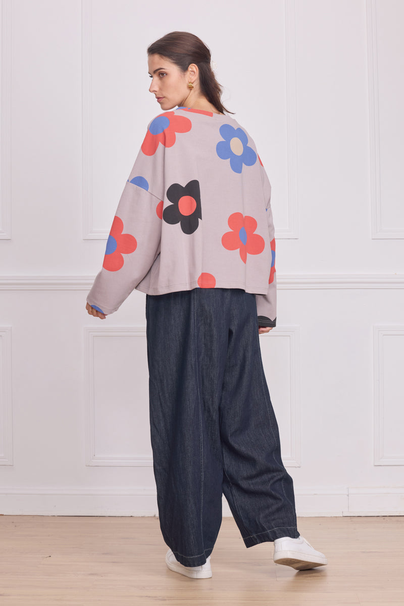 Blouse femme grise à grandes fleurs – 100% coton