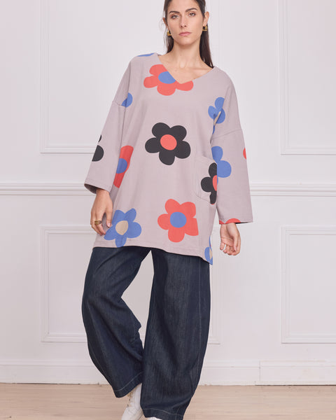 Tunique femme grise à grandes fleurs – 100% coton