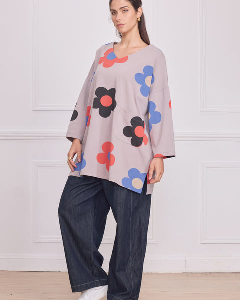 Tunique femme grise à grandes fleurs – 100% coton