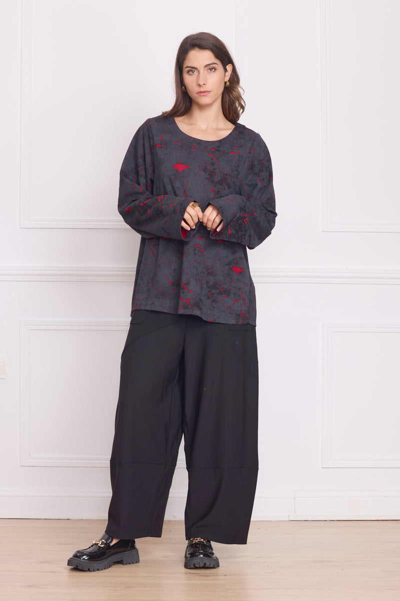 Haut femme gris à motifs rouges – 100% coton