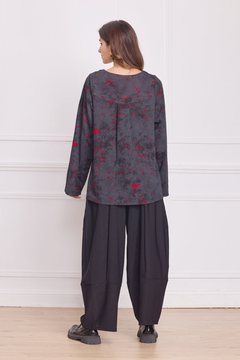Haut femme gris à motifs rouges – 100% coton