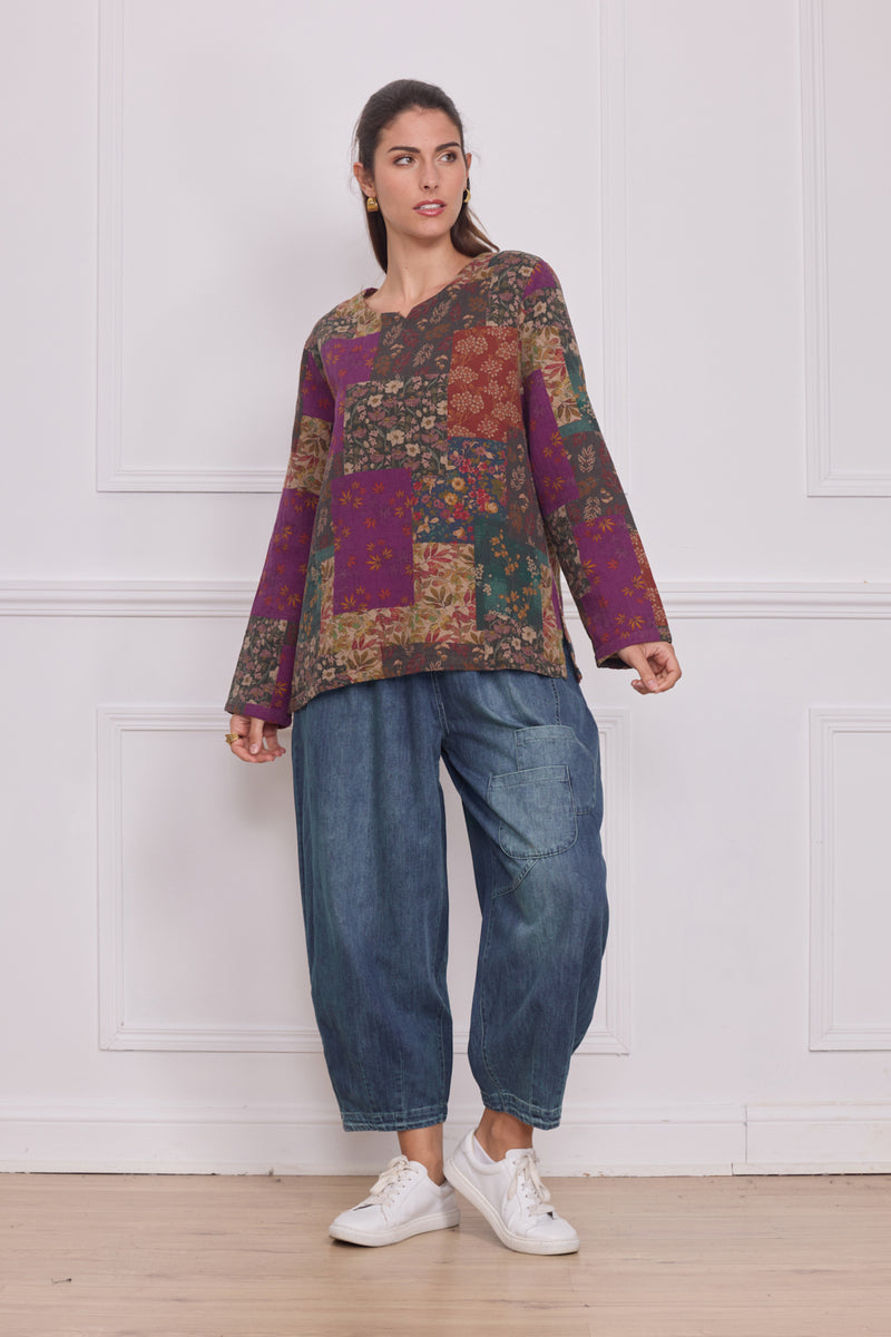 Haut manches longues patchwork fleuri violet – 100% coton