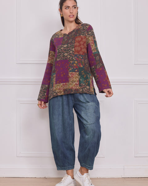 Haut manches longues patchwork fleuri violet – 100% coton