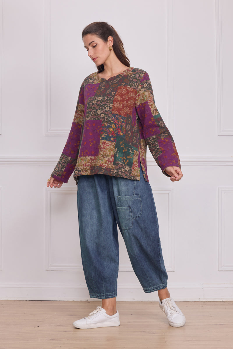 Haut manches longues patchwork fleuri violet – 100% coton