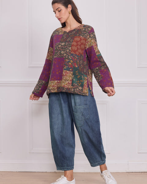 Haut manches longues patchwork fleuri violet – 100% coton
