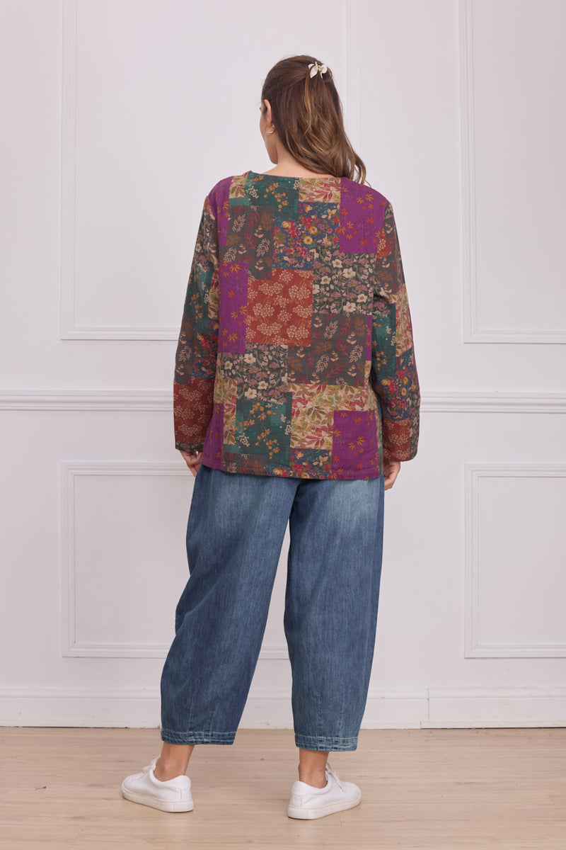 Haut manches longues patchwork fleuri violet – 100% coton
