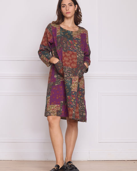 Robe mi-longue patchwork fleuri violet – 100% coton