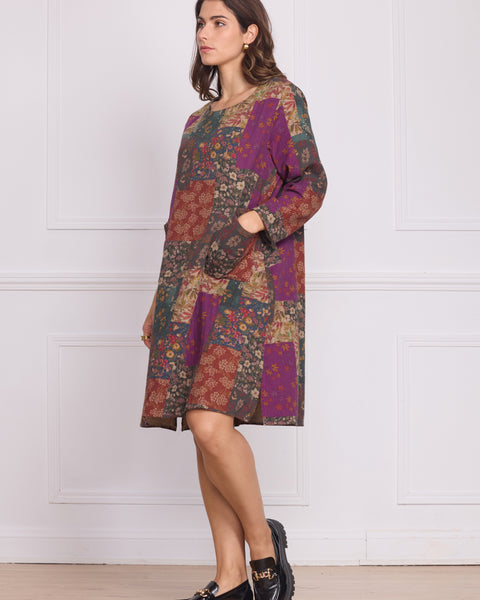 Robe mi-longue patchwork fleuri violet – 100% coton