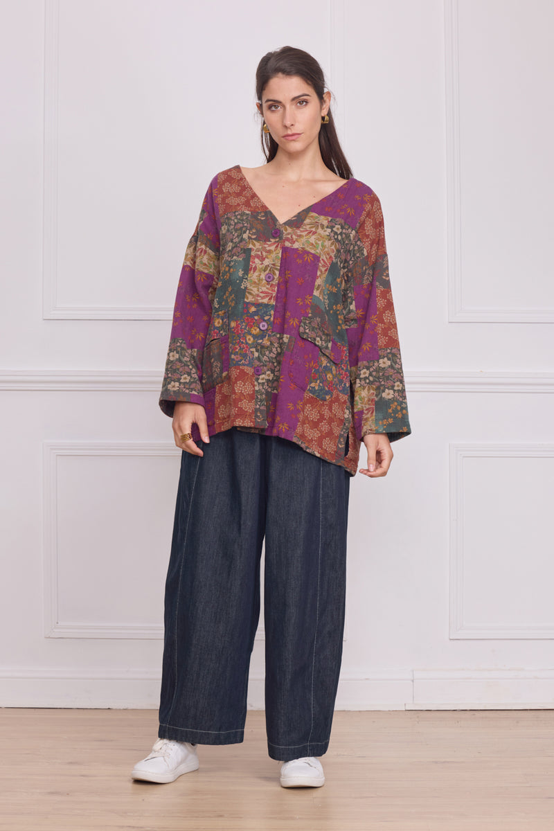 Cardigan col V boutonné patchwork violet fleuri – 100% coton