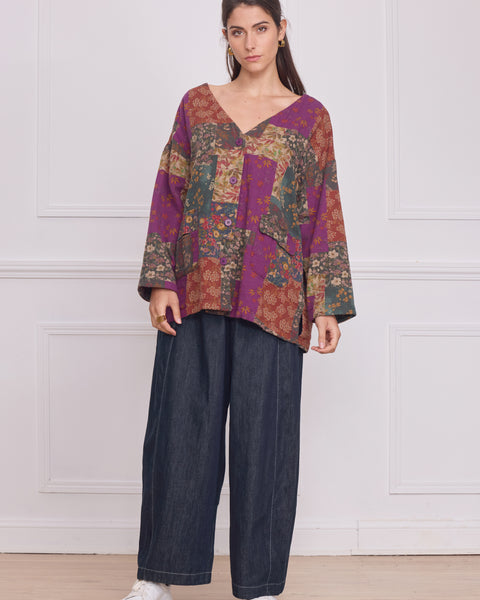 Cardigan col V boutonné patchwork violet fleuri – 100% coton