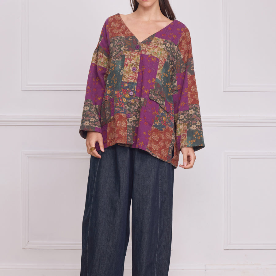 Cardigan col V boutonné patchwork violet fleuri – 100% coton