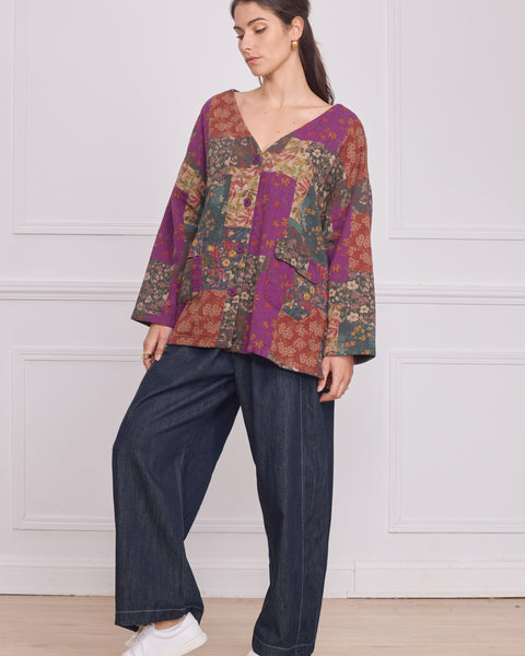 Cardigan col V boutonné patchwork violet fleuri – 100% coton