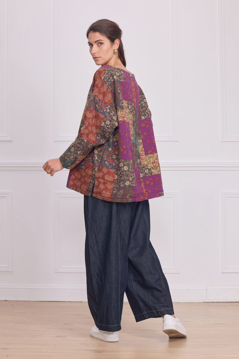 Cardigan col V boutonné patchwork violet fleuri – 100% coton