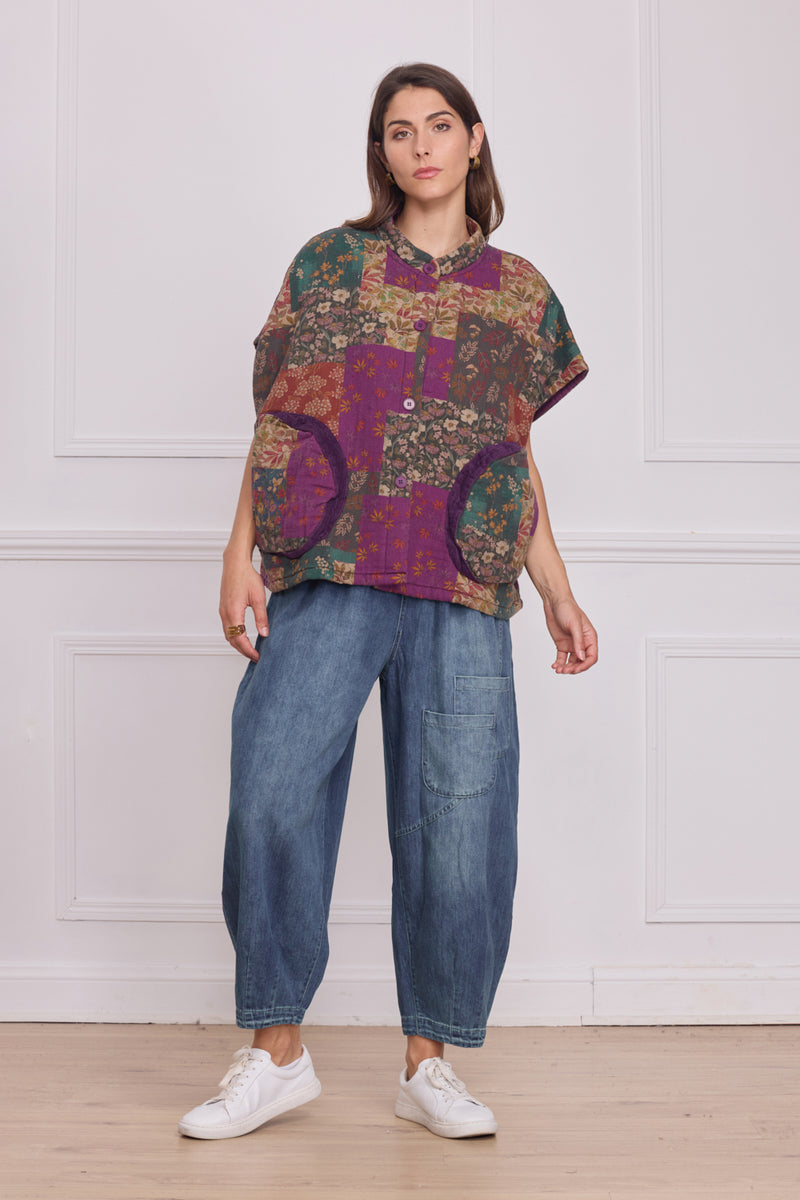 Gilet sans manches patchwork violet fleuri – 100% coton