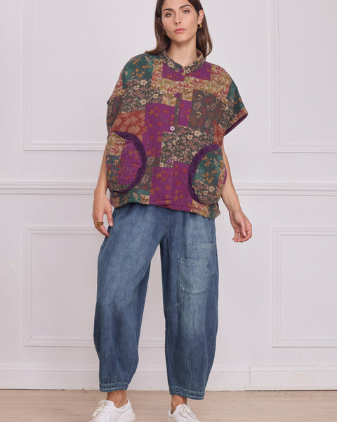 Gilet sans manches patchwork violet fleuri – 100% coton