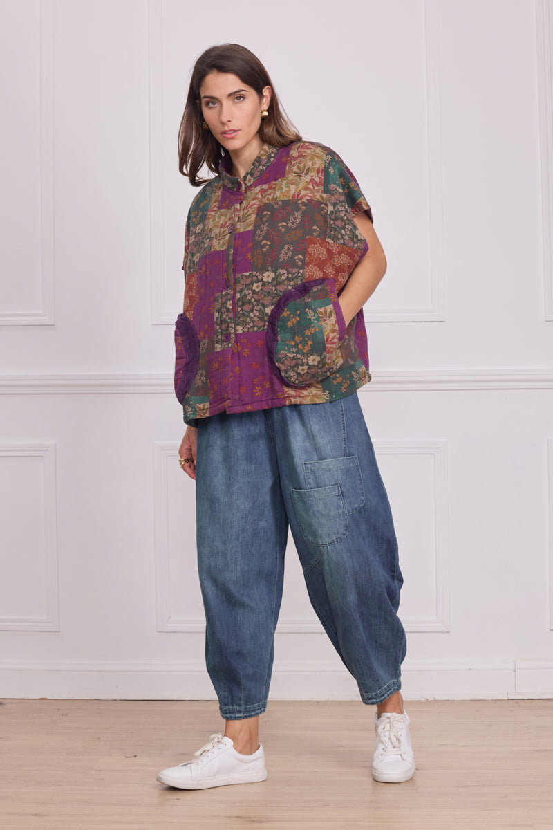 Gilet sans manches patchwork violet fleuri – 100% coton