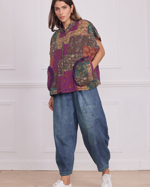 Gilet sans manches patchwork violet fleuri – 100% coton