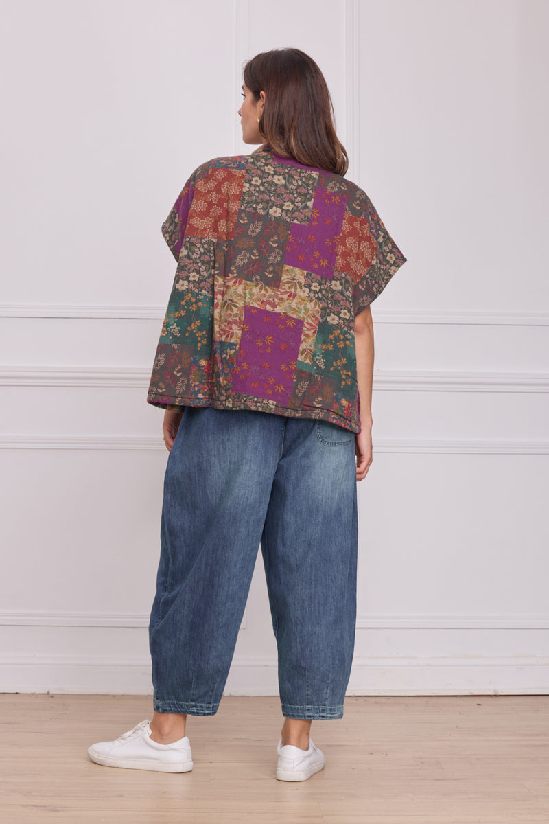 Gilet sans manches patchwork violet fleuri – 100% coton