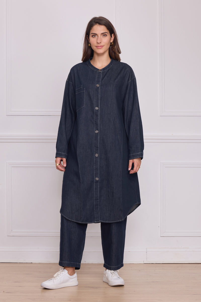 Chemise longue en jean bleu foncé femme – 100% coton