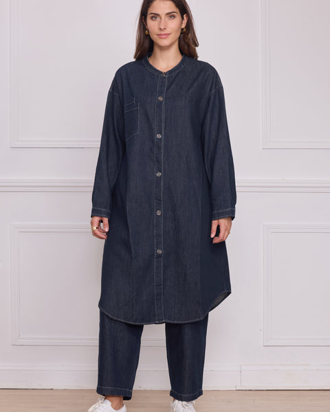 Chemise longue en jean bleu foncé femme – 100% coton