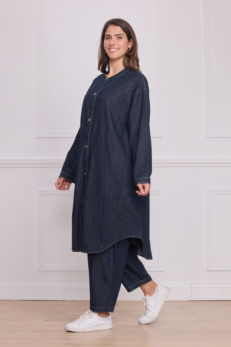 Chemise longue en jean bleu foncé femme – 100% coton