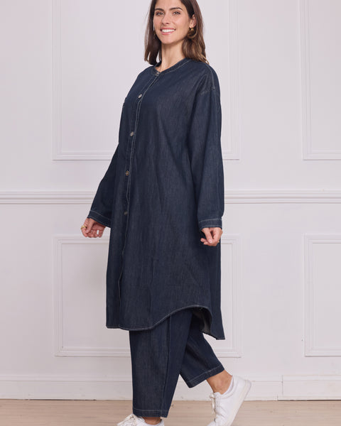 Chemise longue en jean bleu foncé femme – 100% coton