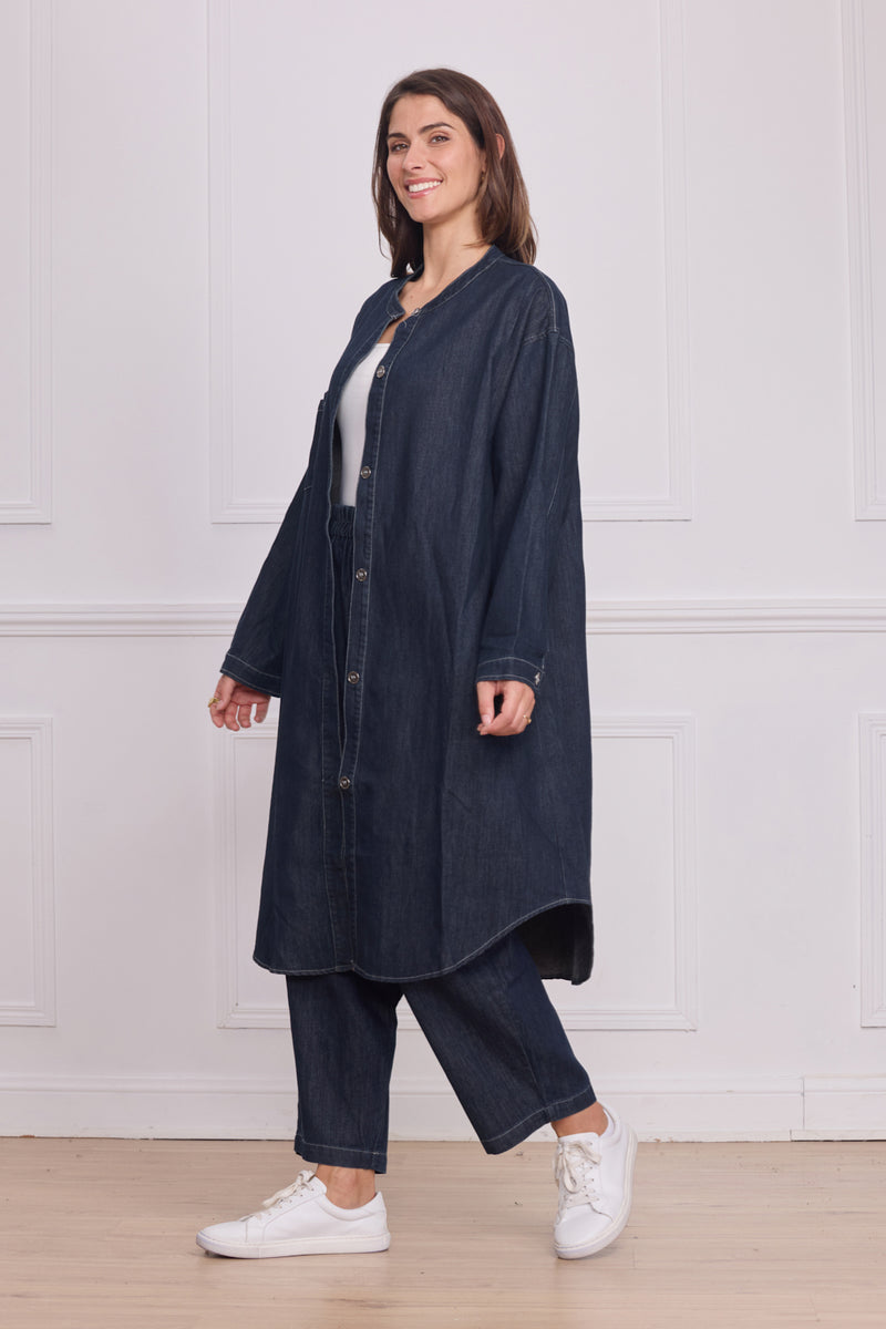 Chemise longue en jean bleu foncé femme – 100% coton