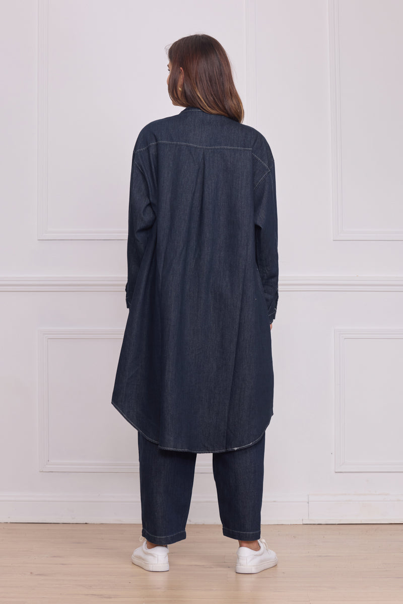 Chemise longue en jean bleu foncé femme – 100% coton