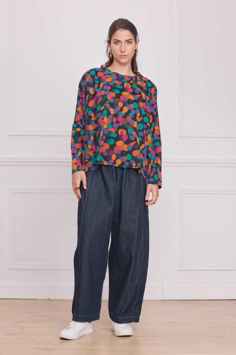 Blouse femme manches longues à pois multicolores – 100% coton