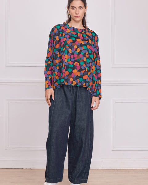 Blouse femme manches longues à pois multicolores – 100% coton