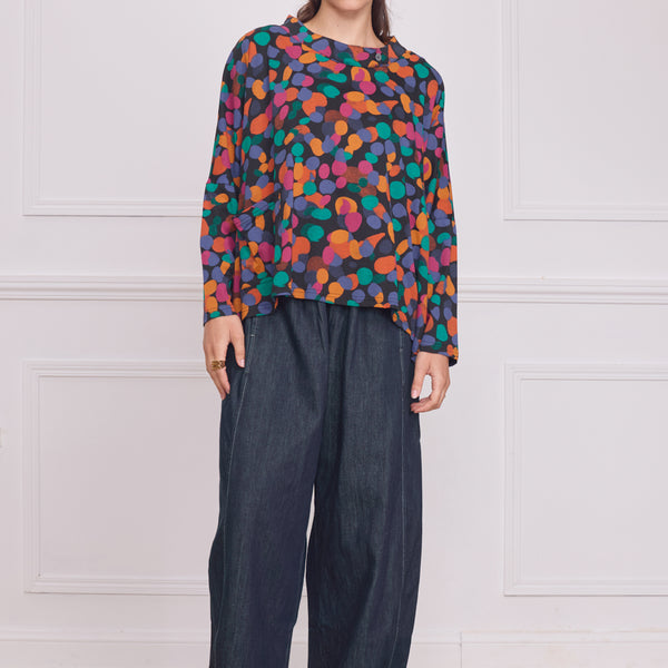 Blouse femme manches longues à pois multicolores – 100% coton