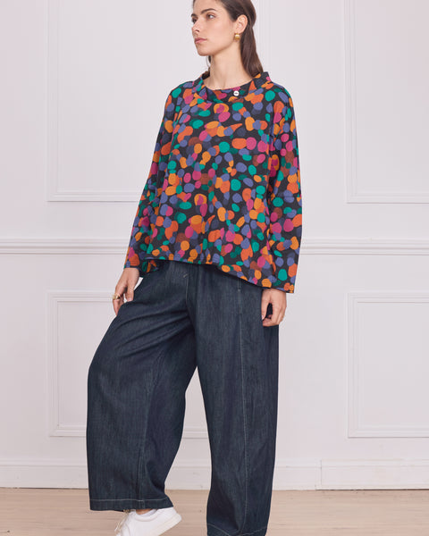 Blouse femme manches longues à pois multicolores – 100% coton